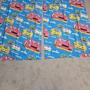 Vintage Nascar Curtain Panels Blue 63" Long Fabric Car Racing USA Made 90s